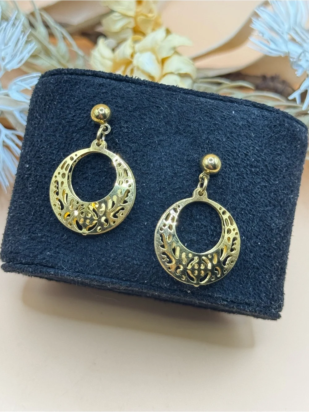 Gold Tone Filigree Circle Dangle Earrings Openwork Round Drop Earrings